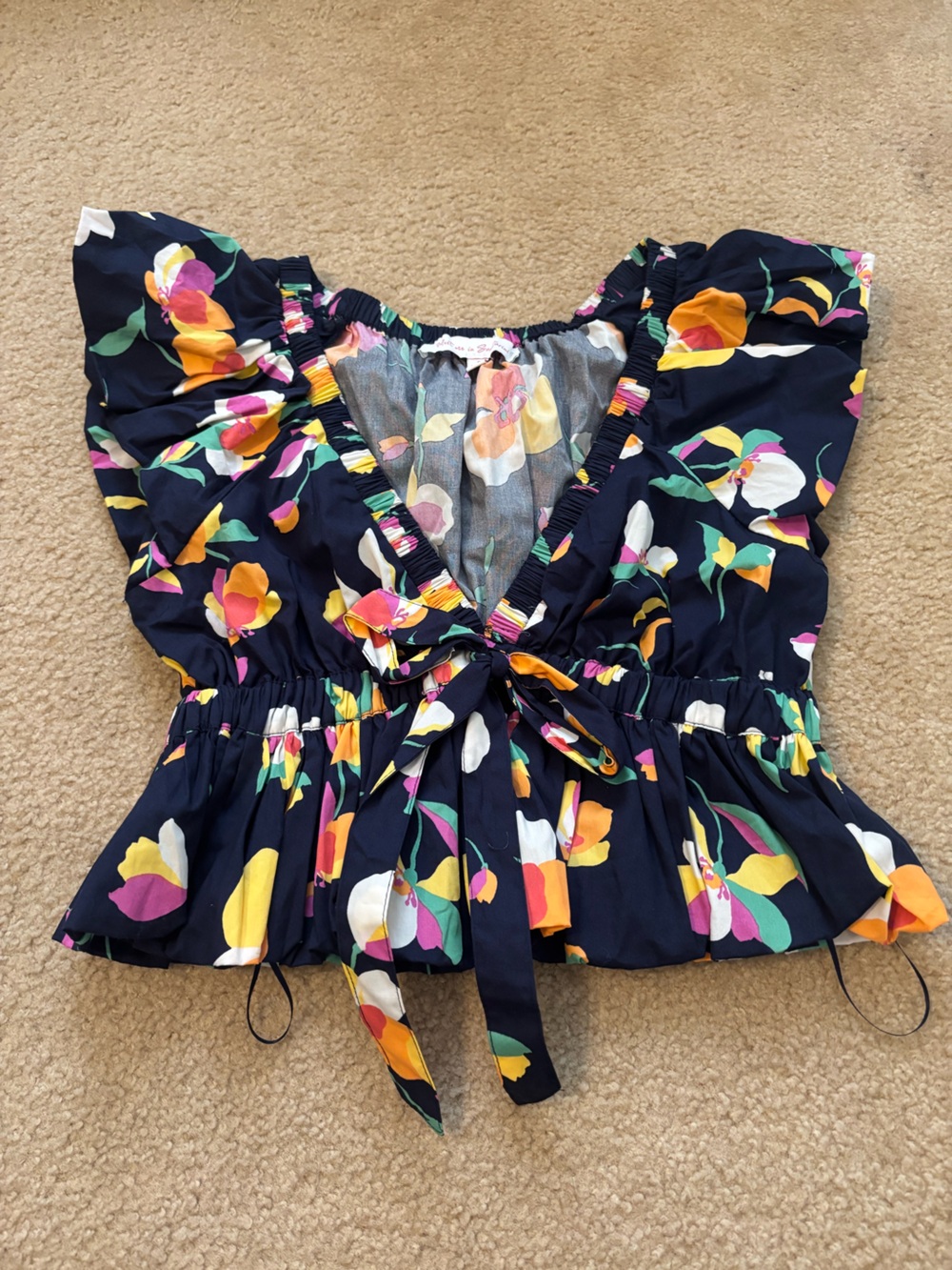 Navy Floral Tie-Front Ruffle Crop Top